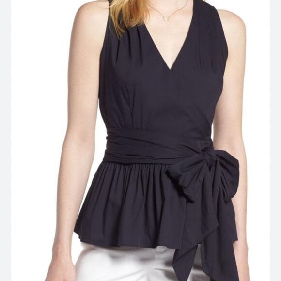 NEW 1901 Surplice Wrap Fit & Flare Peplum Sleeveless Blouse in Navy Blue Size 8 - Picture 10 of 10